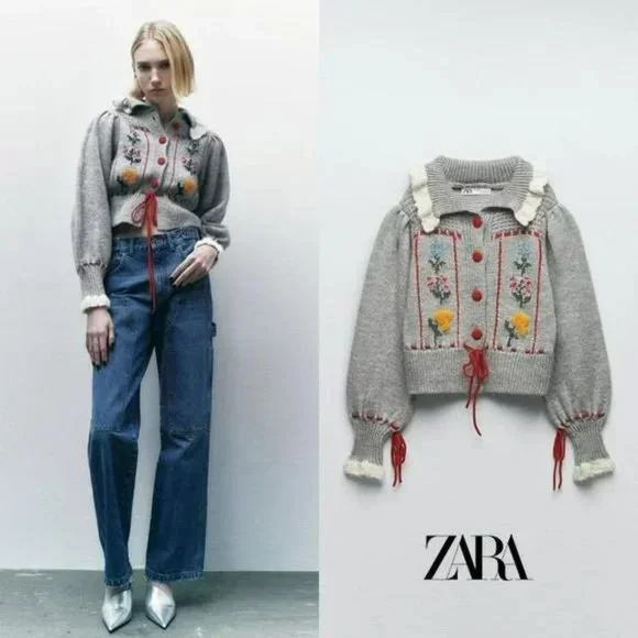 ZARA JACQUARD COLLARED FLORAL KNIT CARDIGAN